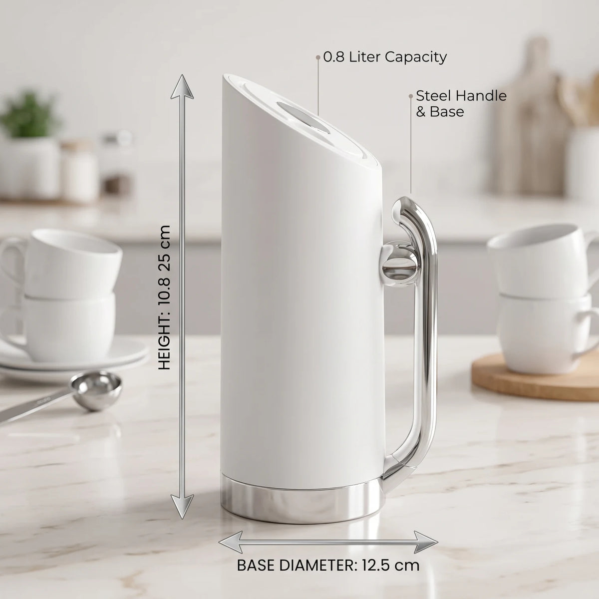 MAHRA White vaccum flask with Steel Handle and Base – 0.8 Liter | Leak Proof | Keeps Drinks Hot 12 Hours, Cold 24 Hours