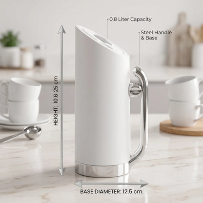 MAHRA White vaccum flask with Steel Handle and Base – 0.8 Liter | Leak Proof | Keeps Drinks Hot 12 Hours, Cold 24 Hours