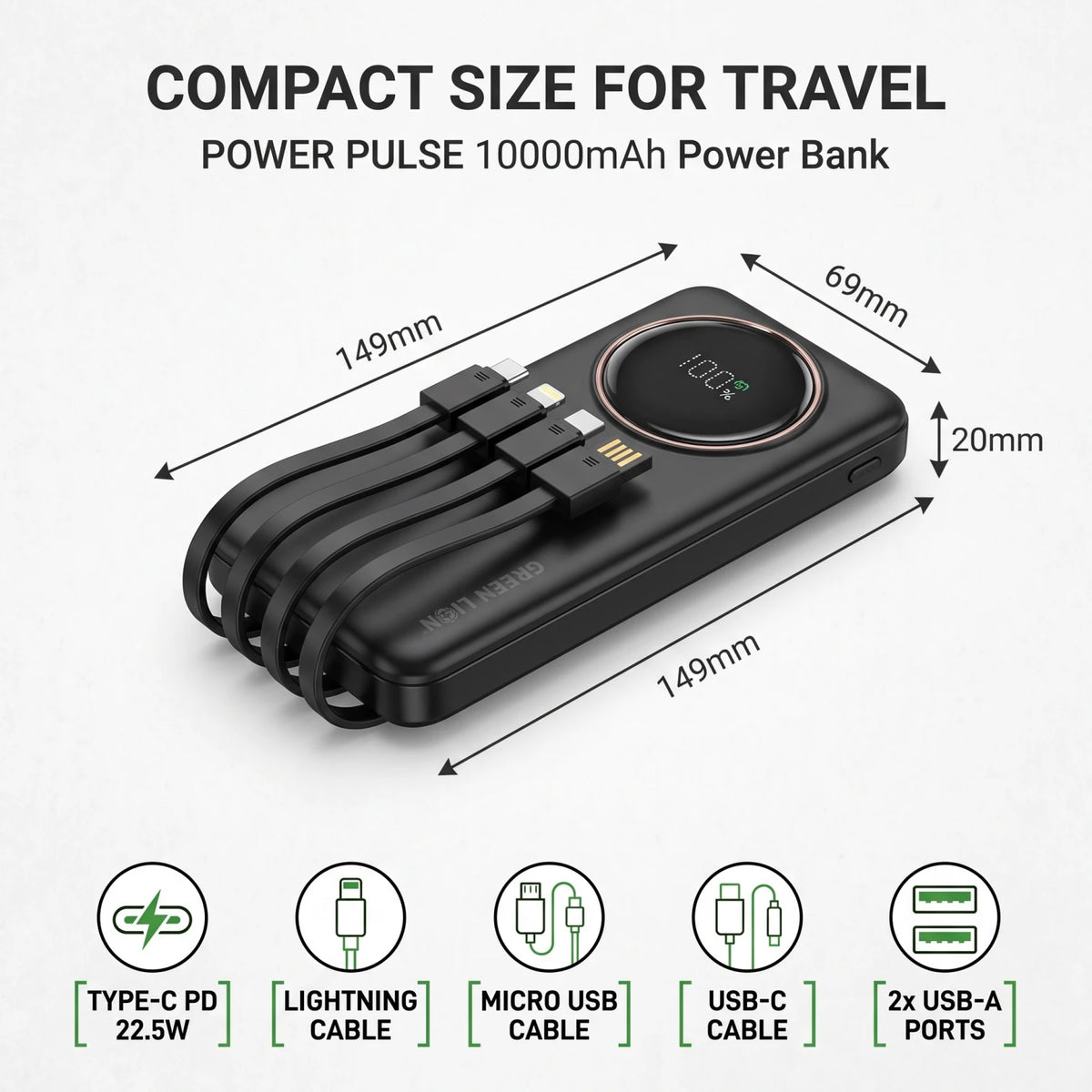 GREEN LION POWER PULSE 10000mAh Power Bank – 22.5W PD Fast Charging, Digital Display & Built-In Charging Cable for Everyday Use