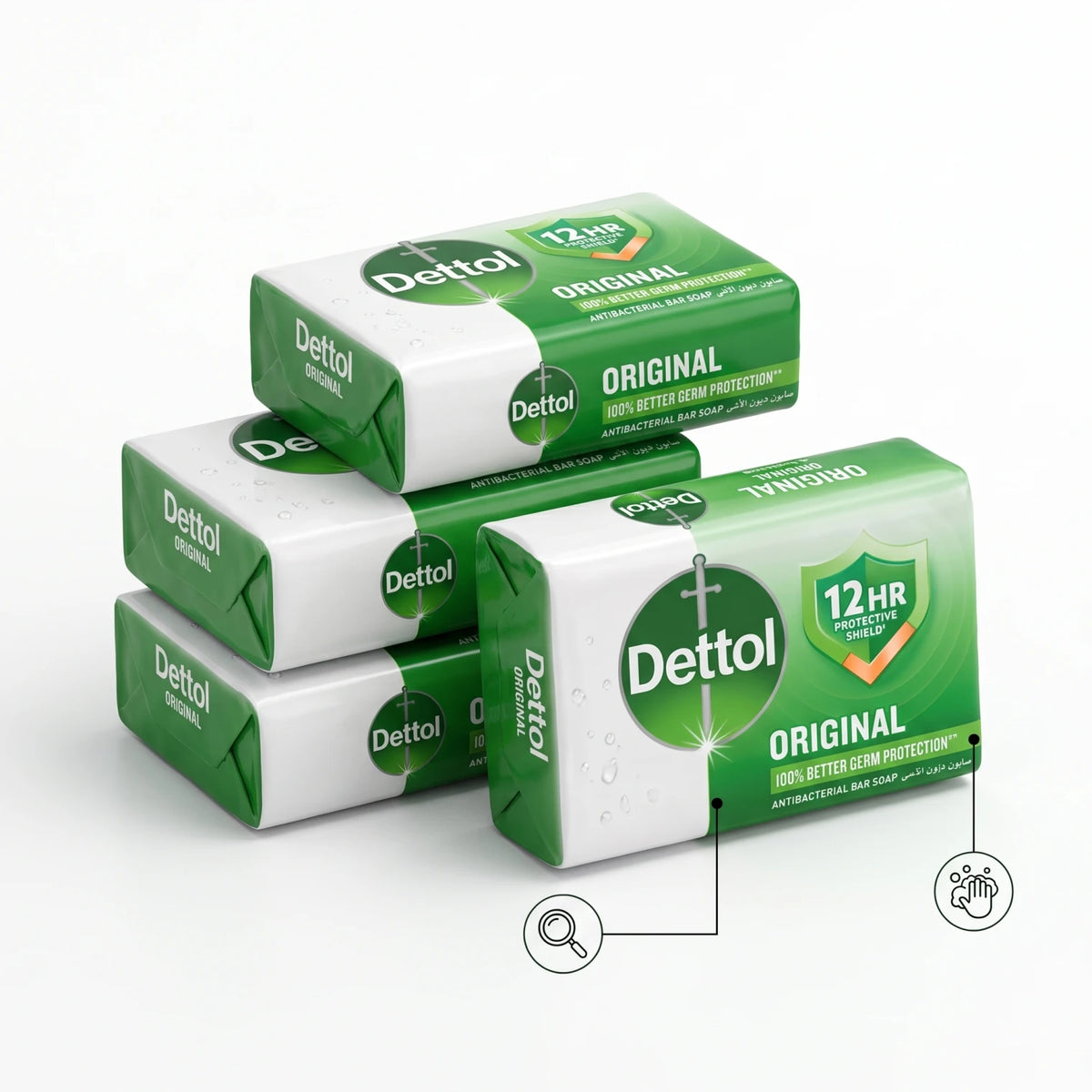 Dettol Original Antibacterial Bar Soap – 4 Packages | 12HR Protective Shield