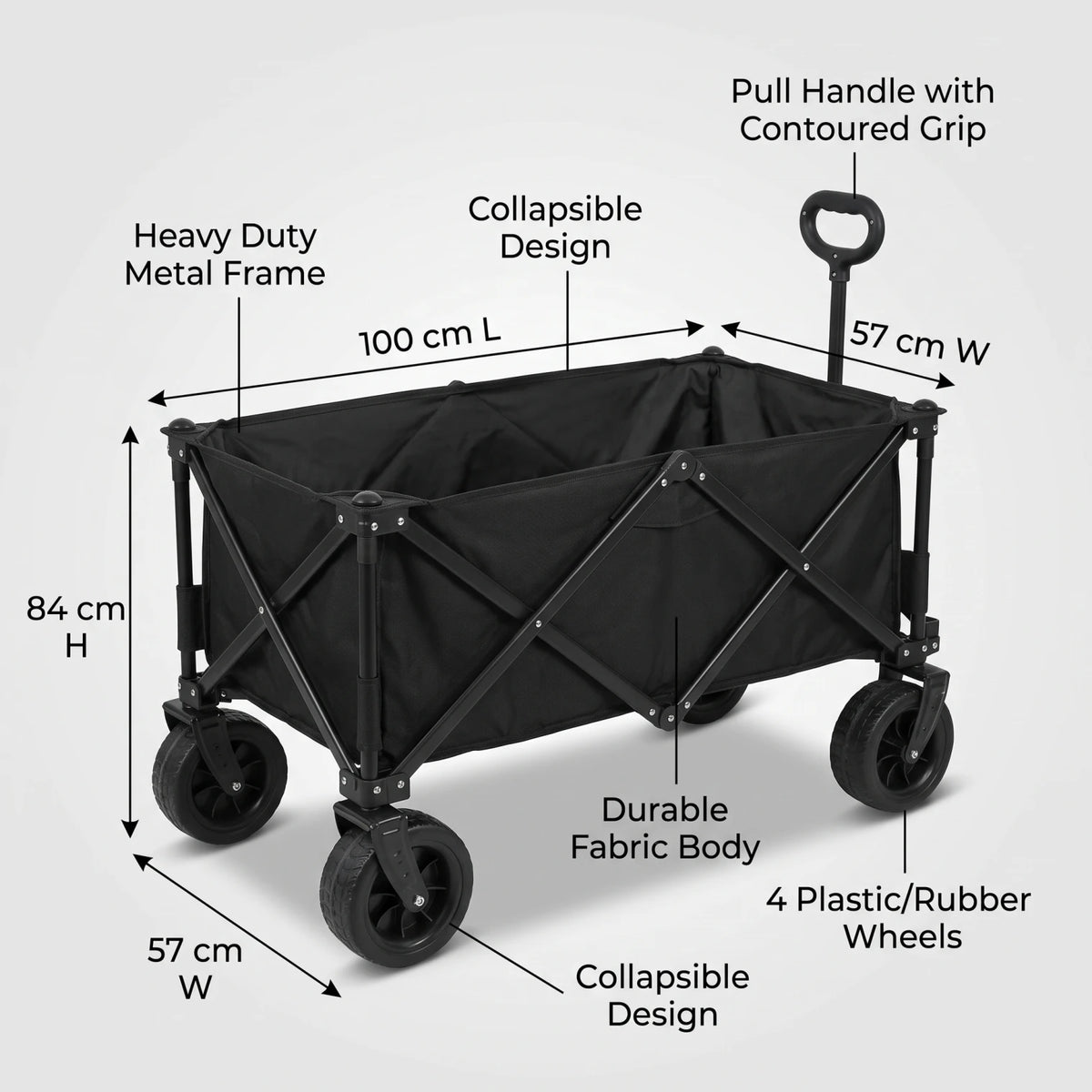 Heavy Duty Black Collapsible Folding Utility Wagon Cart – 84 H x 57 W x 100 L cm | 4-Wheel Fabric Wagon for Camping, Shopping, Beach and Garden Transport