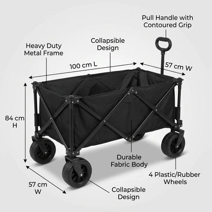 Heavy Duty Black Collapsible Folding Utility Wagon Cart – 84 H x 57 W x 100 L cm | 4-Wheel Fabric Wagon for Camping, Shopping, Beach and Garden Transport