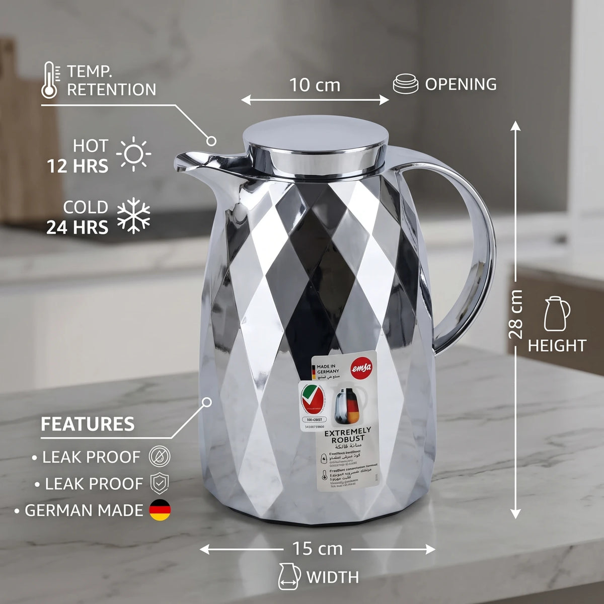 Emsa Auberge Diamond Chrome Flask 1 Liter – Premium Plastic, Leak-Proof, Keeps Drinks Hot 12 Hours and Cold 24 Hours