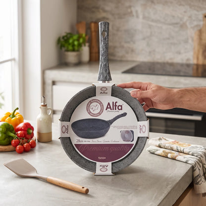 Alfa Swiss Stone Granite Cookware Fry Pan 28cm – Advanced Granite Surface | Induction Compatible | Gray Speckled Gourmet Pan