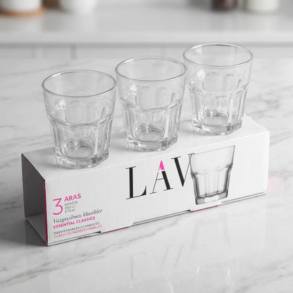LAV 3 Pieces Glass Set – 200 CC Clear Tumblers, 82 mm Height, Dishwasher Safe, Thick Base, Made in Turkey