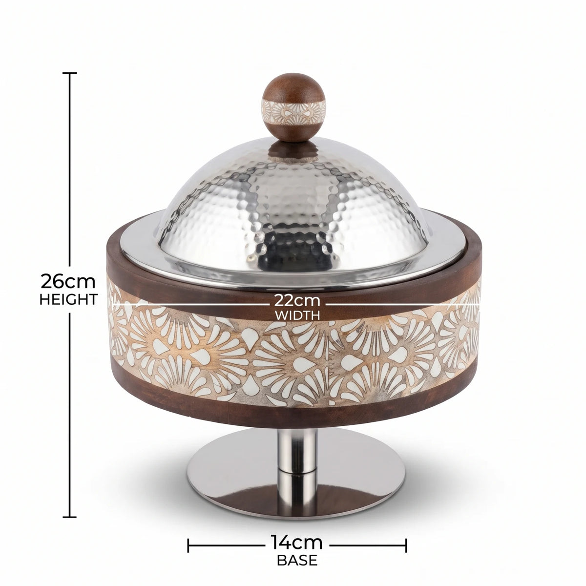 Dallah Addar Wooden and Steel Serving Pot with Stand – 26cm Height, 22cm Width, Ornate Lidded Design for Serving and Display