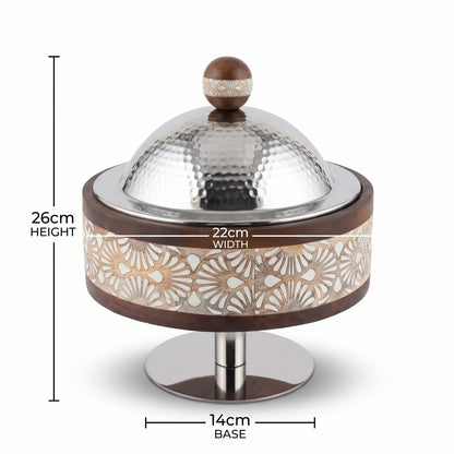 Dallah Addar Wooden and Steel Serving Pot with Stand – 26cm Height, 22cm Width, Ornate Lidded Design for Serving and Display