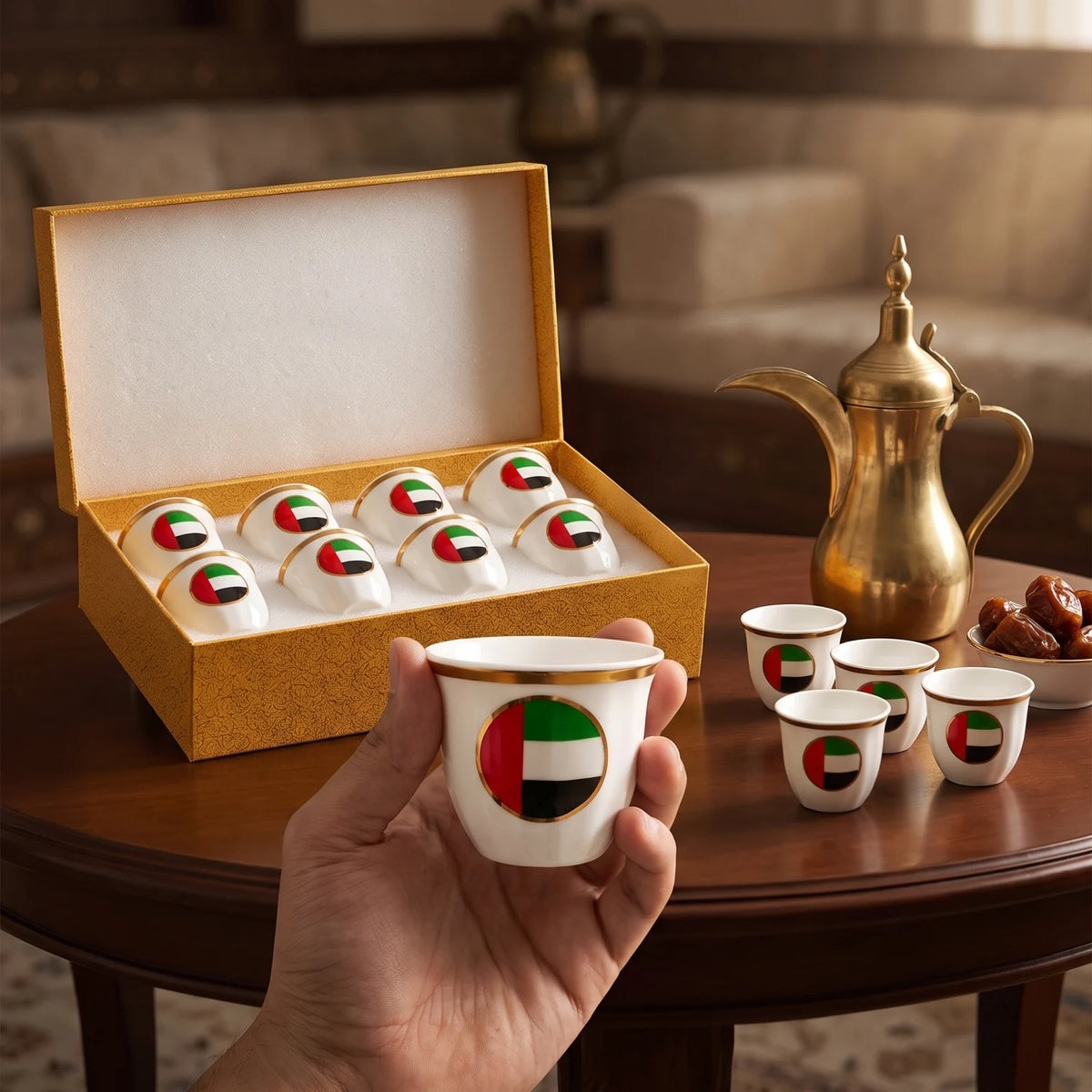 UAE Flag Fine Porcelain 12-Piece Large Arabic Coffee Cups Set – Handleless White Cups with Gold Trim and Presentation Box