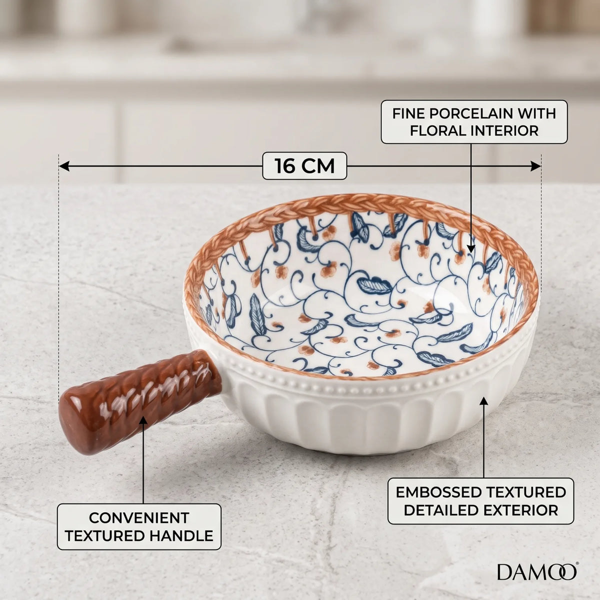 16 CM Fine Porcelain Bowl with Handle – White Floral Interior Pattern | Embossed Textured Decorative Bowl