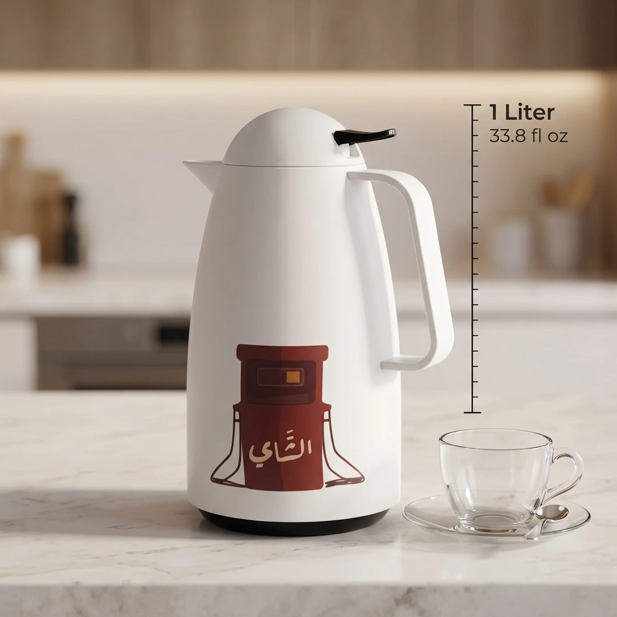 Crystal House white vaccum flask 1 Liter – Plastic Body, Pink Glass Interior, Leak Proof, Chai Calligraphy for Tea and Coffee