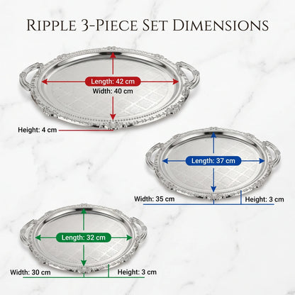 Ripple 3-Piece Luxury Metal Serving Tray Set – Ornate Handles, Floral Pattern Centers, Decorative Raised Rims, Small to Large Sizes - Silver - Image 2