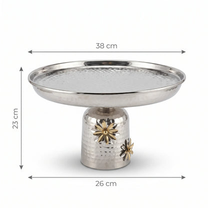Silver Metal Oval Serving Stand – 23 × 26 × 38 cm | Flower Detailed Base | Raised Rim Dessert Tray