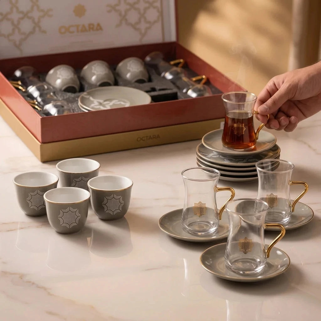 OTANTIK octane 19 pieces tea and coffee set – 6 Tea Glass Cups, 6 Arabic Coffee Glass Cups, Porcelain Saucers & Lidded Candy Jar