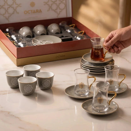 OTANTIK octane 19 pieces tea and coffee set – 6 Tea Glass Cups, 6 Arabic Coffee Glass Cups, Porcelain Saucers & Lidded Candy Jar