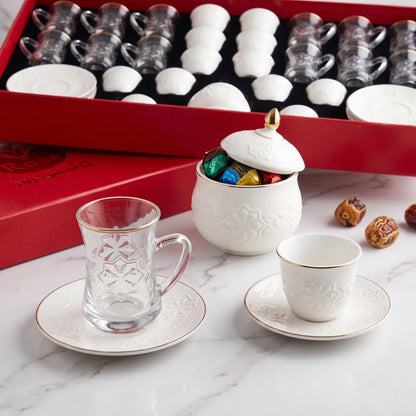 Rose tea & gahwa complete set – Glass Tea Cups, Porcelain Arabic Coffee Cups, Saucers, Lidded Candy Jar & Presentation Box
