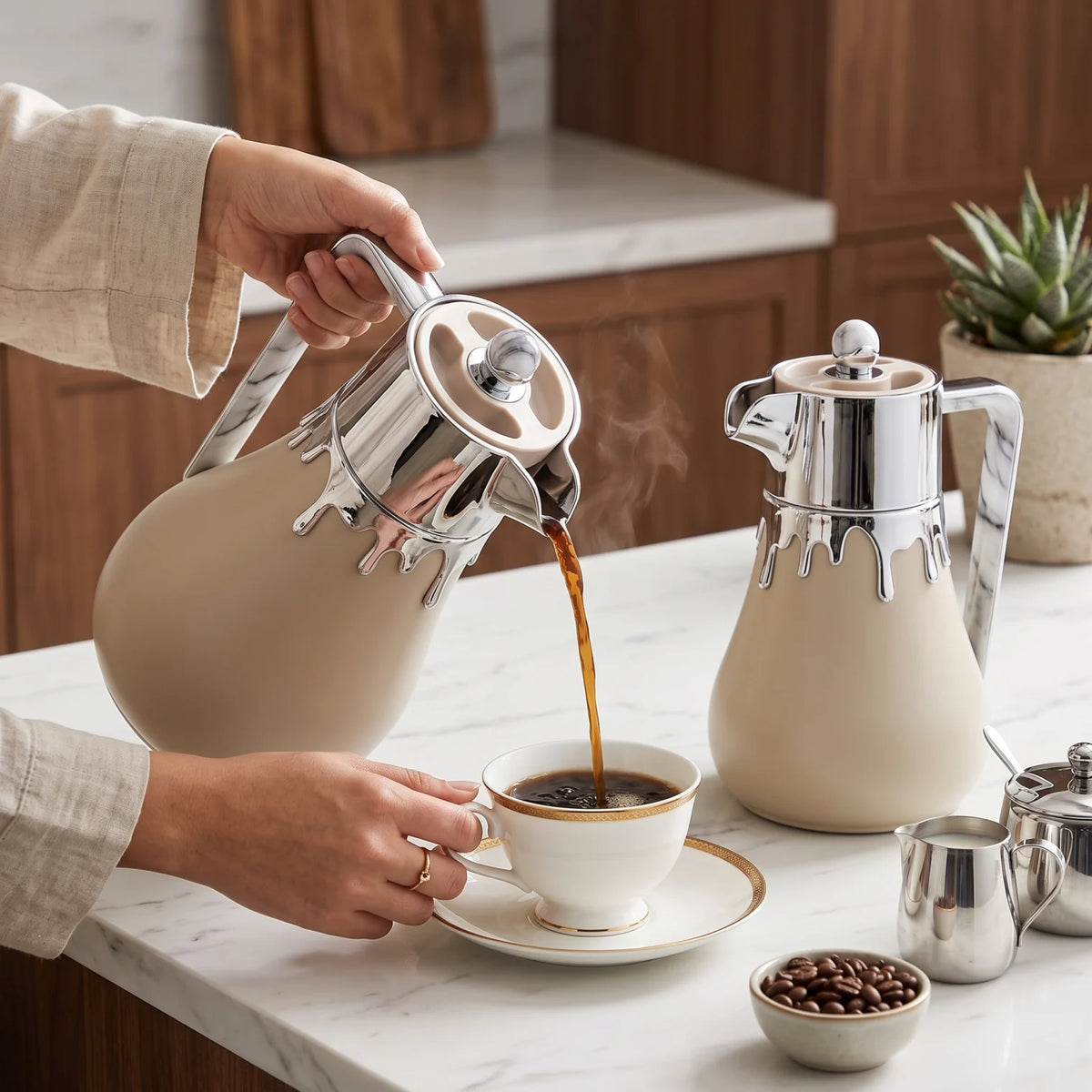 Regal 2 Piece Beige Vacuum Jug Set – 0.5L + 1.0L | Silver Drip Effect | Tea and Coffee Serving