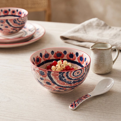 14 CM Porcelain Bowl – White Floral Geometric Design with Red Rim | Decorative Round Bowl
