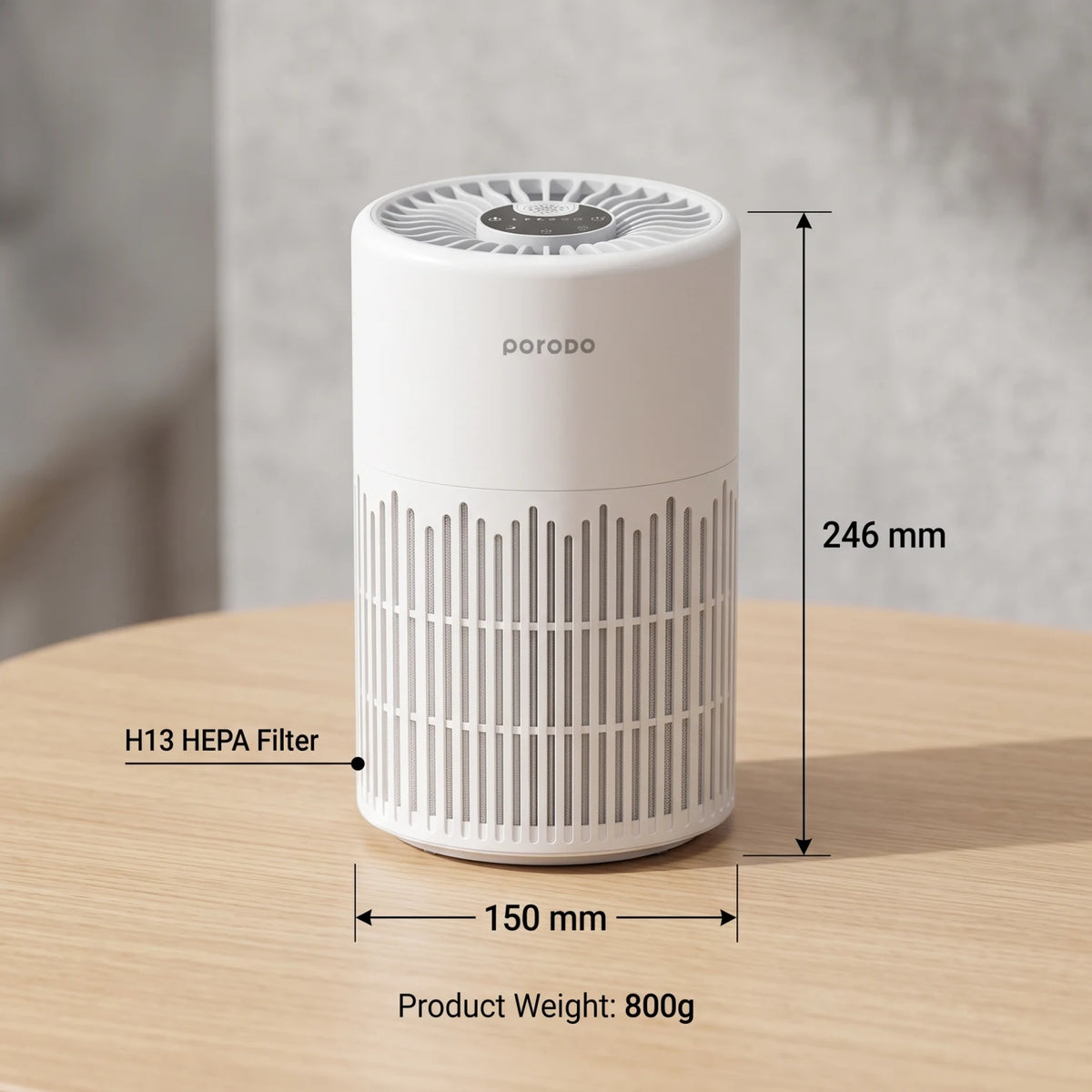 PORODO PUREA Smart Air Purifier – White | 3-Layer H13 HEPA Filter | 60 m³/h Airflow | 3 Fan Speeds