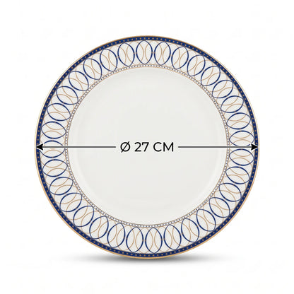 QUALITIER Premium Fine Porcelain Flat Plate 27 CM – White Tableware with Blue and Gold Decorative Rim for Dining and Serving