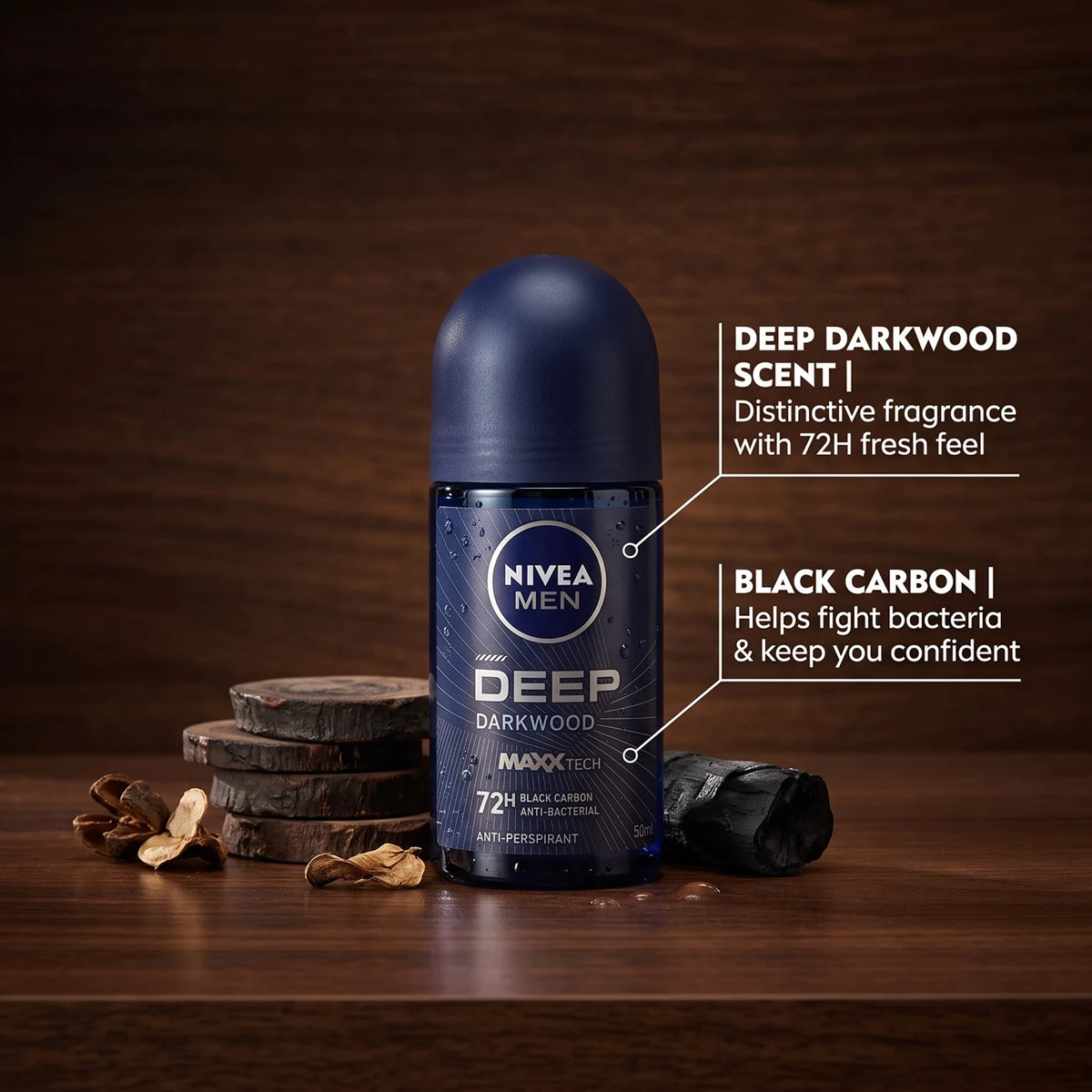 NIVEA MEN Deep Darkwood Antiperspirant Roll-On 50ml | Dark Blue Roll-On Deodorant for Men