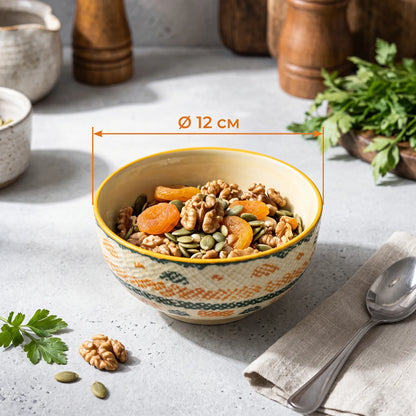 12 CM Ceramic Bowl – Yellow Rim with Orange, Green & Cream Decorative Spiral Pattern | Round Tableware Bowl