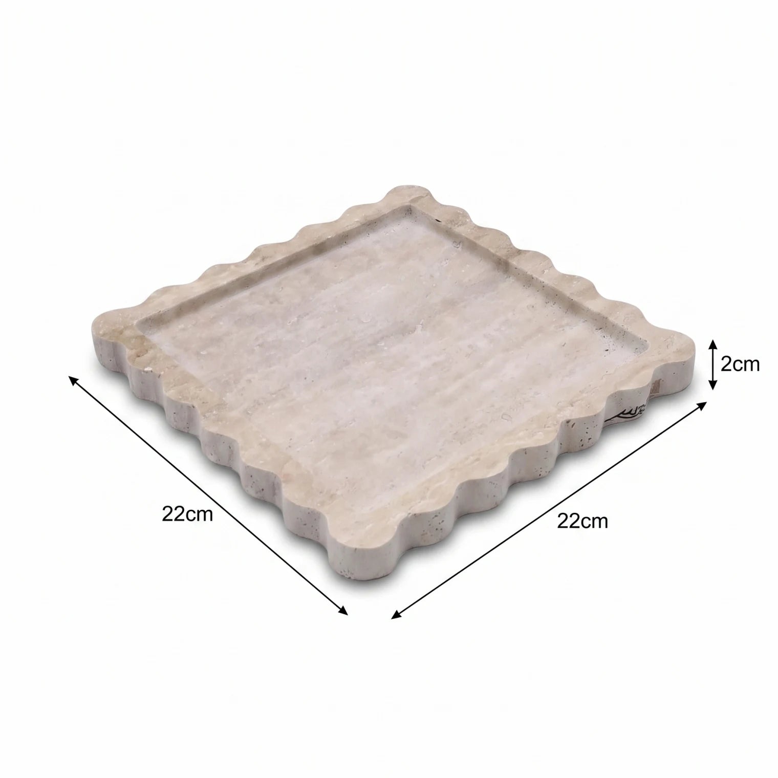 Square Travertine Stone Scalloped Tray – 22 x 22 x 2cm | Beige Raised-Rim Decorative Platter