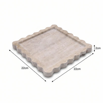 Square Travertine Stone Scalloped Tray – 22 x 22 x 2cm | Beige Raised-Rim Decorative Platter
