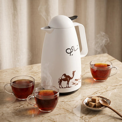 Crystal House White Vacuum Flask 1 Litre – Camel Desert Artwork, Pink Glass Interior, Leak-Proof Tea and Coffee Thermos