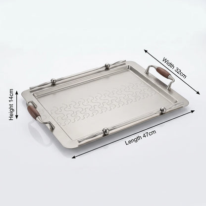 Ansa Luxury Metal Serving Tray – 47 x 32 x 14cm | Geometric Pattern, Raised Rim and Side Handles | Multiple Colour Options - Matte Silver - Wood - Image 2
