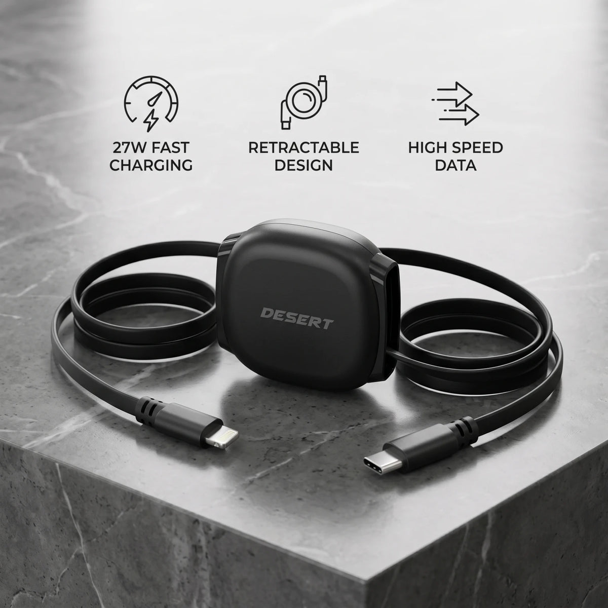 DESERT Retractable Cable DS-352 27W Black Fast Charging Data Cable with Lightning and USB-C Connectors