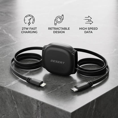 DESERT Retractable Cable DS-352 27W Black Fast Charging Data Cable with Lightning and USB-C Connectors