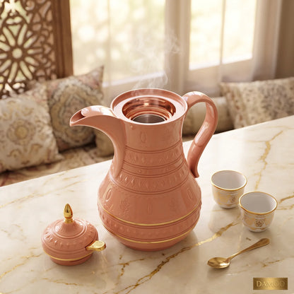 Rose Coral-Pink Vacuum Flask 1.0 Liter – Plastic Body, Leak-Proof Design, Geometric Floral Motifs for Tea and Coffee