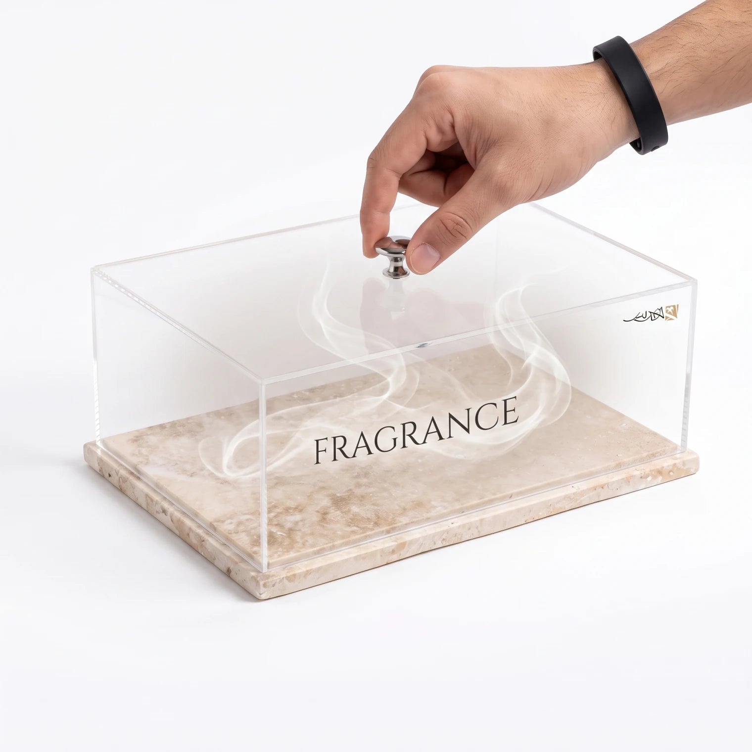 Natural Travertine Marble Stand with Acrylic Top – 13 x 20 x 30 cm | Clear Covered Serving Tray with Silver Knob