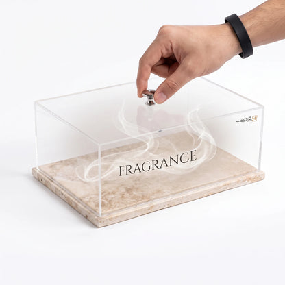 Natural Travertine Marble Stand with Acrylic Top – 13 x 20 x 30 cm | Clear Covered Serving Tray with Silver Knob