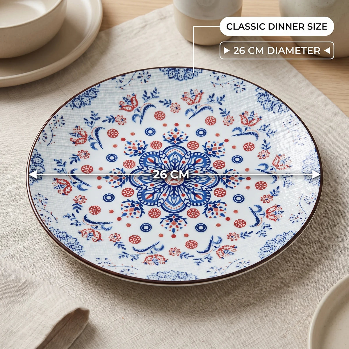 26 CM Ceramic Dinner Plate – Blue and Red Floral Pattern with Central Medallion and Decorative Brown Rim
