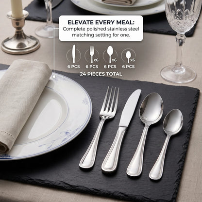 NYP DINNER CUTLERY 24-PIECE SET – Polished Stainless Steel Flatware with Dinner Knives, Forks, Dinner Spoons and Coffee Spoons