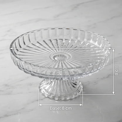 Round Glass Fruit Plate with Stand – 17 x 17 cm | Ribbed Radial Design | Clear Dessert, Fruit and Nut Serving Plate