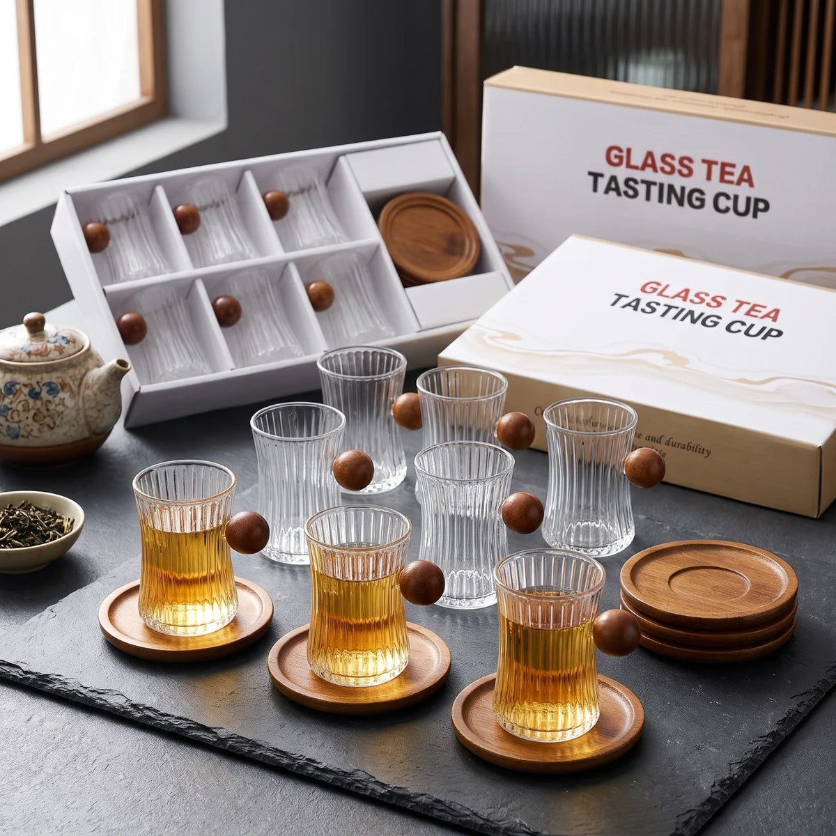 GLASS TEA TASTING CUP 12-Piece Set – 6 Ribbed Glass Cups with Wooden Handles and 6 Wooden Saucers for Tea Serving