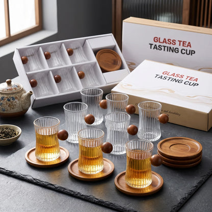 GLASS TEA TASTING CUP 12-Piece Set – 6 Ribbed Glass Cups with Wooden Handles and 6 Wooden Saucers for Tea Serving