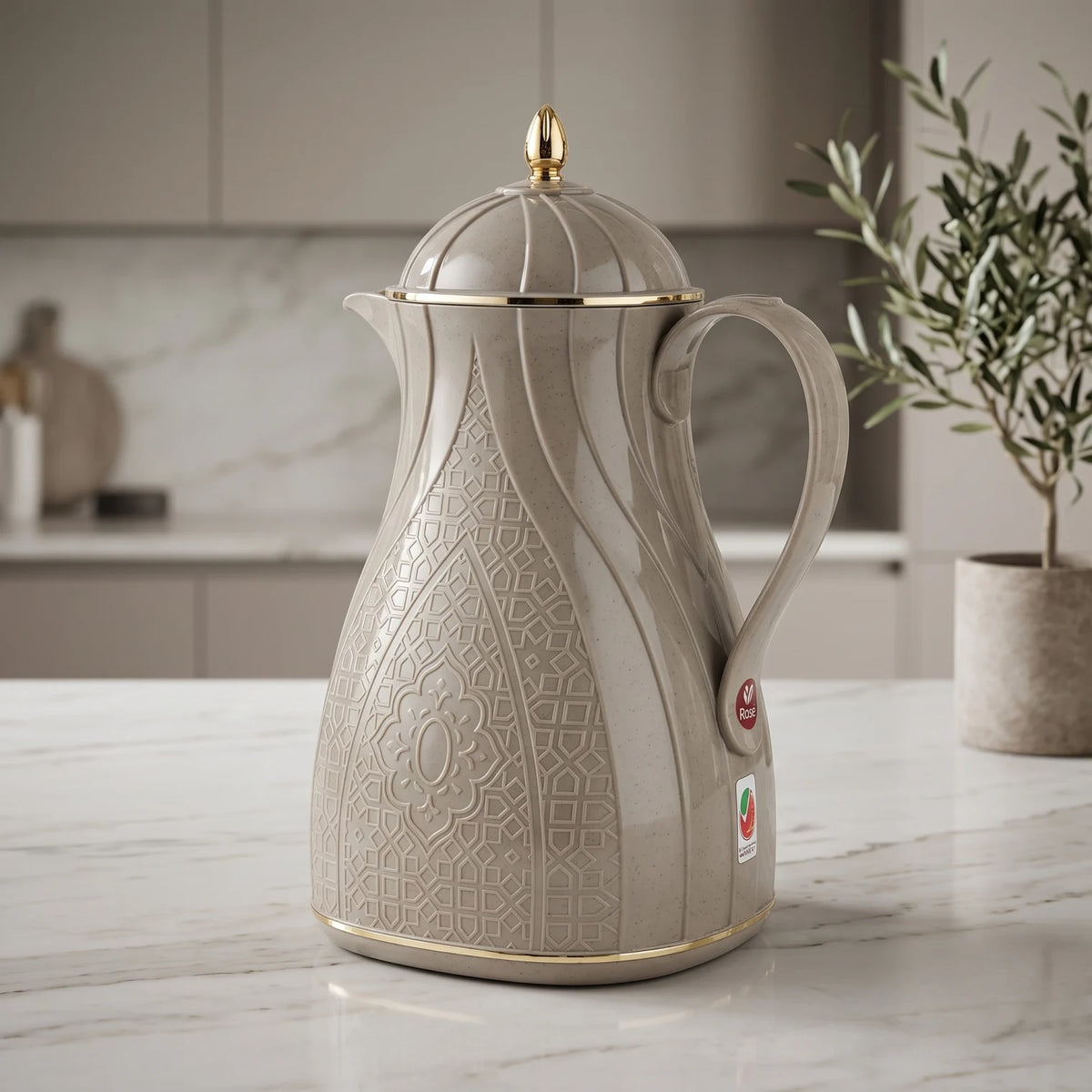 Rose Warm Grey Vacuum Flask 1.3L with Arabic Geometric Design, Gold-Tone Accents, Leak-Proof Tea and Coffee Flask