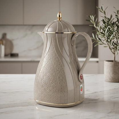 Rose Warm Grey Vacuum Flask 1.3L with Arabic Geometric Design, Gold-Tone Accents, Leak-Proof Tea and Coffee Flask