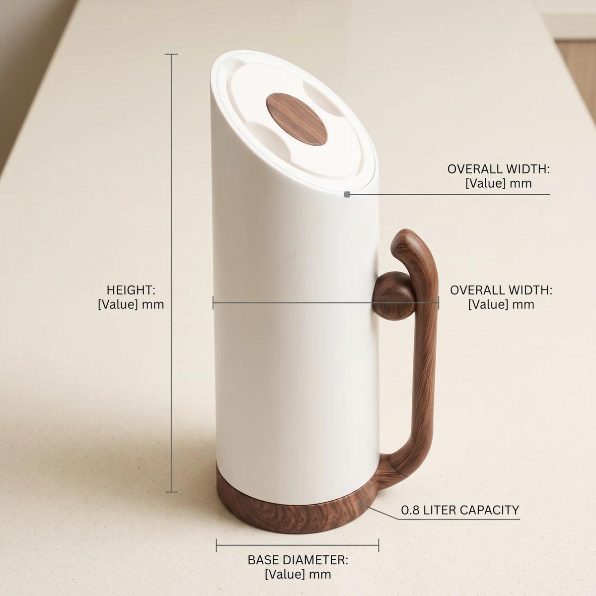 MAHRA White vaccum flask – 0.8 Liter | Wood Grain Handle and Base | Leak Proof | 12-Hour Hot, 24-Hour Cold Tea and Coffee Flask