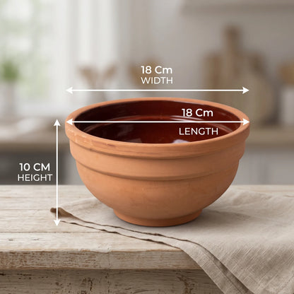 Earthenware Bowl – 18 Cm x 18 Cm x 10 CM | Ridged Terracotta Exterior | Glossy Dark Interior