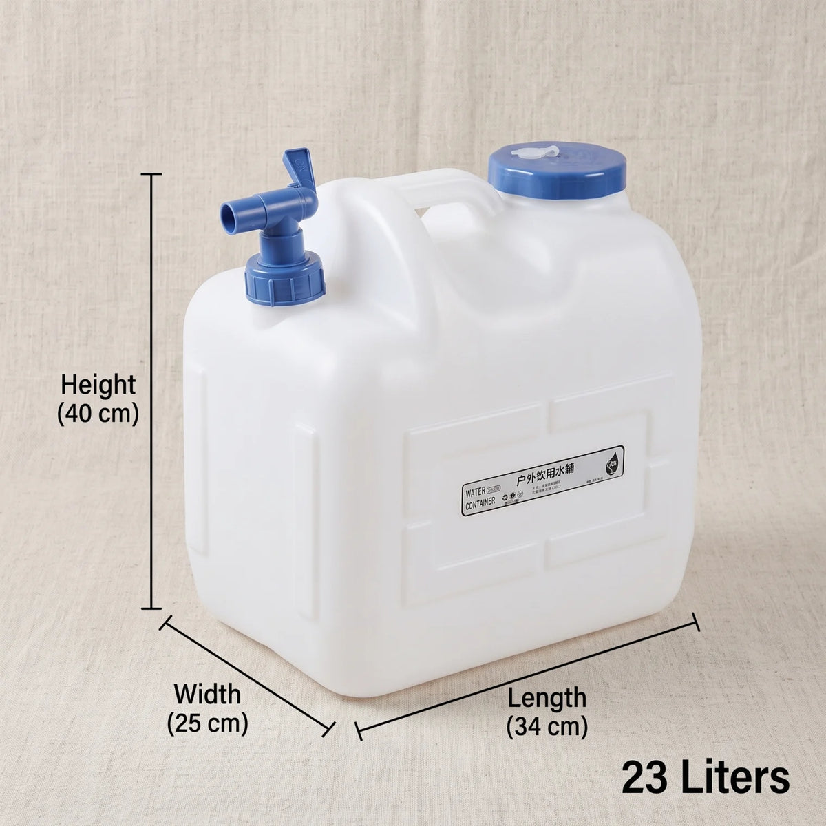 Portable Plastic Water Container With Faucet, 23L – Outdoor Camping Water Storage Tank with Tap, Carrying Handle, Screw-Top Opening, 40 x 25 x 34cm
