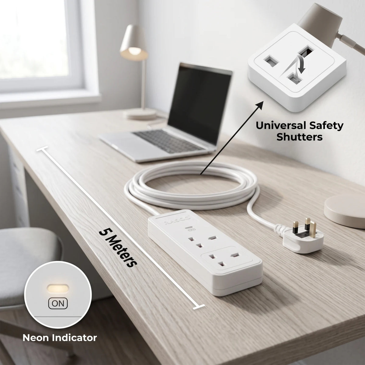 Rasco High Quality Extension Socket RAS-EX757 2-Way, 5 Meter White Cable | Universal Safety Shutters, Neon Indicator, 13A Fused Plug