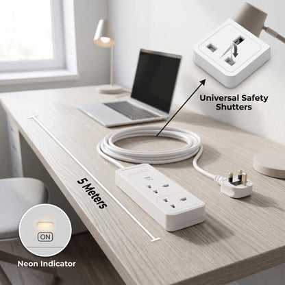 Rasco High Quality Extension Socket RAS-EX757 2-Way, 5 Meter White Cable | Universal Safety Shutters, Neon Indicator, 13A Fused Plug