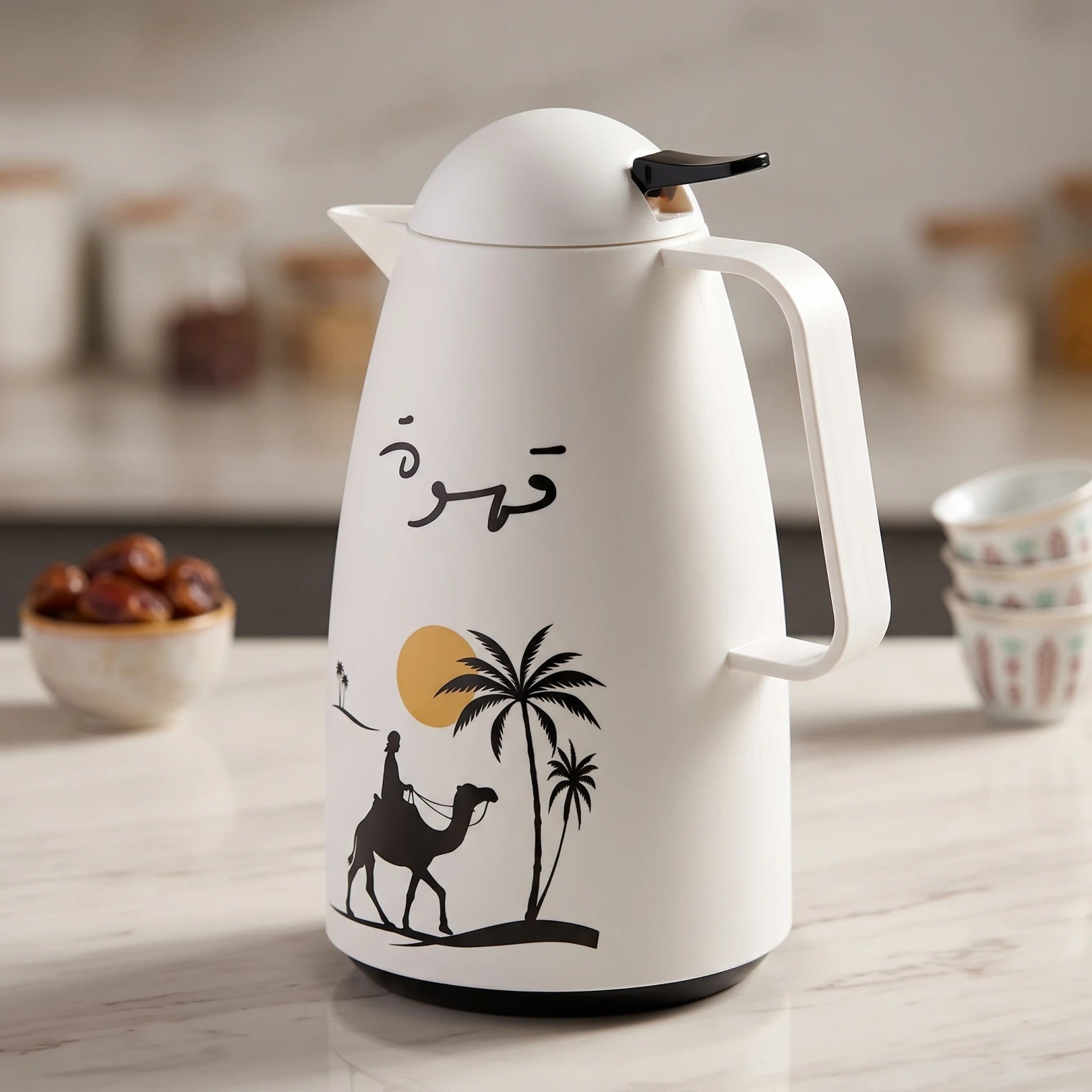 Crystal House white vaccum flask 1 Liter – Black Camel Artwork | Qahwa Calligraphy | Leak Proof Tea and Coffee Flask