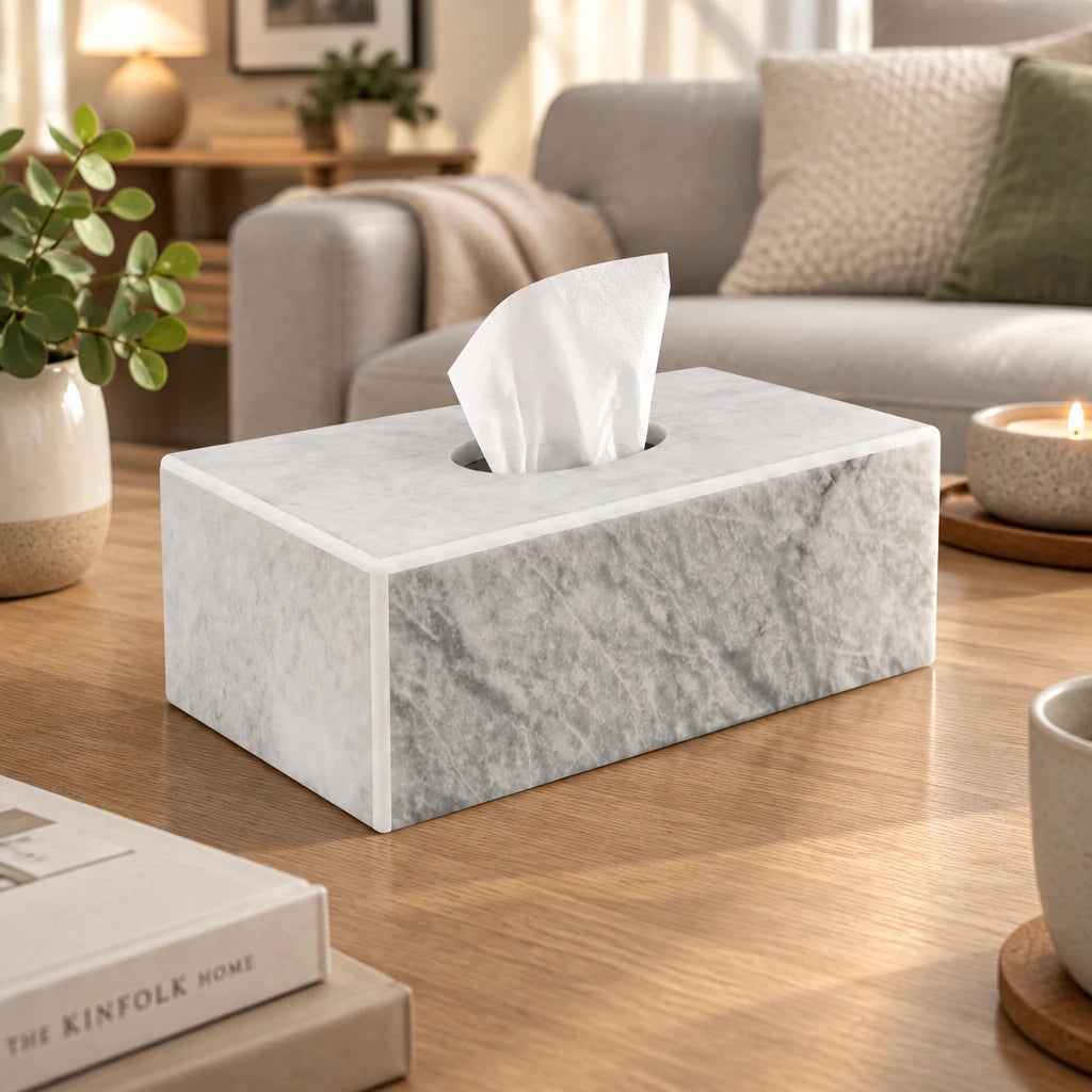 Marble Tissue Box – 25cm White and Gray Rectangular Design with Oval Top Opening