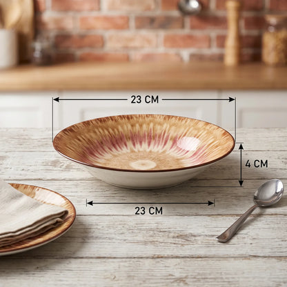 23 CM Porcelain Deep Plate – Beige and Reddish-Pink Radial Design, Glossy Finish, Dark Brown Rim, Round Shallow Serving Dish for Tableware