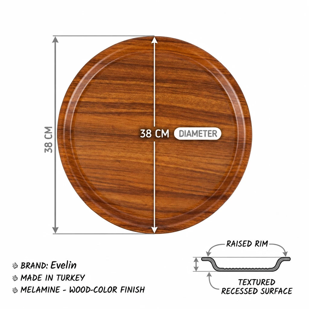 Evelin 38 CM Round Tray – Melamine Serving Tray in Wooden Color with Raised Rim and Textured Recessed Surface for Home Dining and Table Serving